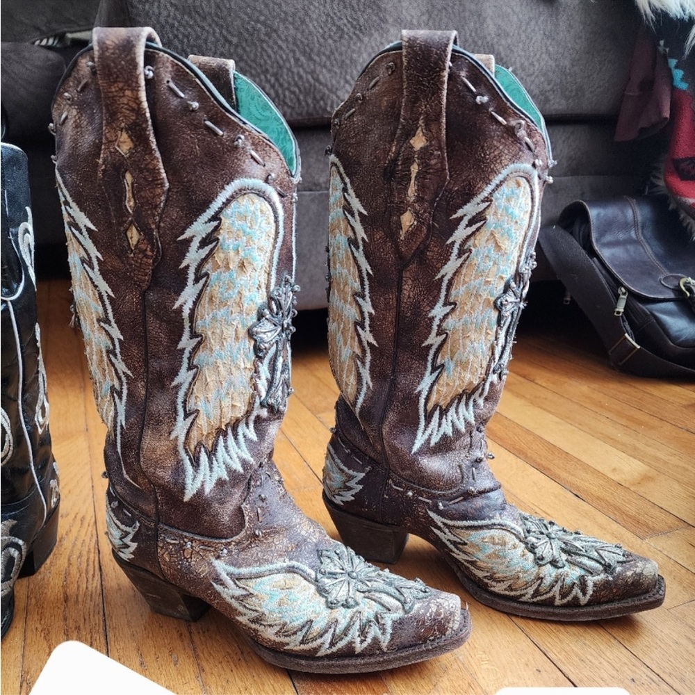 Corral Brown and Blue Heeled Boots with Intricate Design